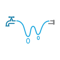 This image symbolizes wastewater management, showing water flow from a faucet to a sewage pipe. W shape and droplets represent water use, treatment, and disposal in a sustainable cycle.