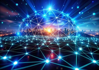 Futuristic Virtual Network: Glowing Nodes & Holographic Connections in Low Light