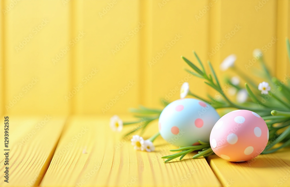 Poster soft focus photo of easter banner with delicate pastel egg design on a bright yellow wooden backgrou