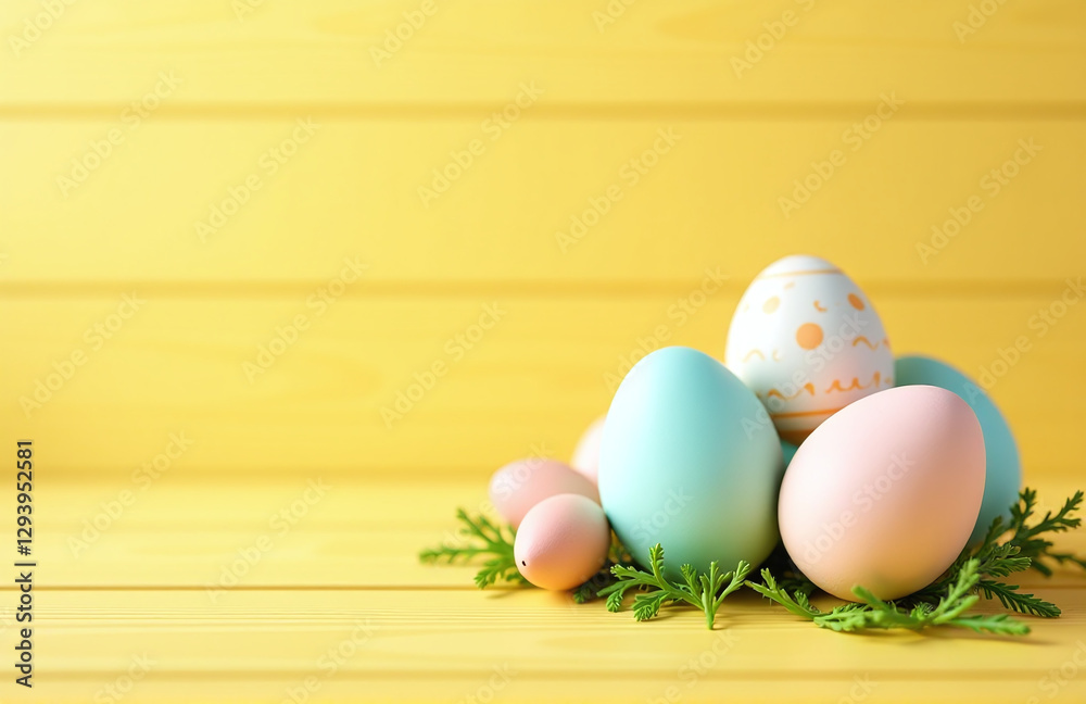 Poster soft focus photo of easter banner with delicate pastel egg design on a bright yellow wooden backgrou