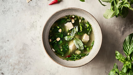 Aromatic herbal soup with chicken, fresh greens, and spices