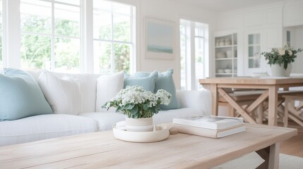 A living room with a white couch, a coffee table, and a dining table. The coffee table has a vase with flowers on it, and there are books on the table. The room has a clean and organized look