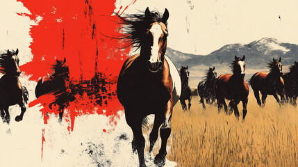 Wild Horses in the Vista: A herd of wild horses gallops across a vast landscape. Capturing a sense of freedom and untamed wilderness.