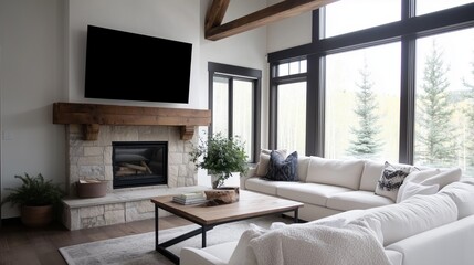 Fototapeta premium A living room with a fireplace, a flat screen TV, and a couch. The room has a cozy and inviting atmosphere