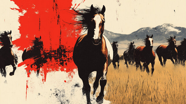 Wild Horses in the Vista: A herd of wild horses gallops across a vast landscape. Capturing a sense of freedom and untamed wilderness.