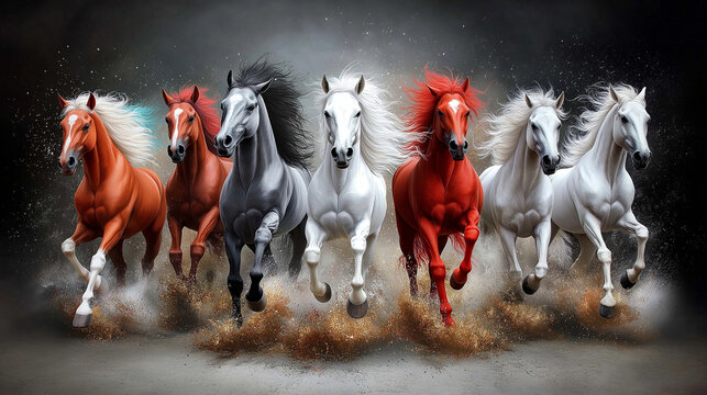 Colored Horses: A breathtaking image captures the spirited essence of seven running horses, each one an explosion of vibrant color.