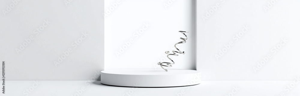 Poster sleek podium with abstract floating spring elements, white background highly detailed designs, reali