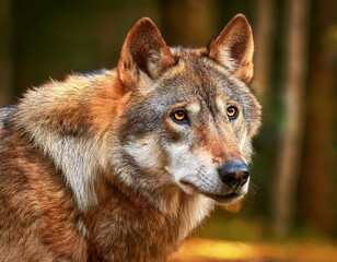 Obraz premium close up view of a majestic wolf in its natural habitat showcasing striking features and intense gaze against a blurred forest background during daylight