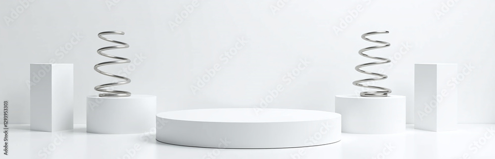 Poster sleek podium with abstract floating spring elements, white background highly detailed designs, reali