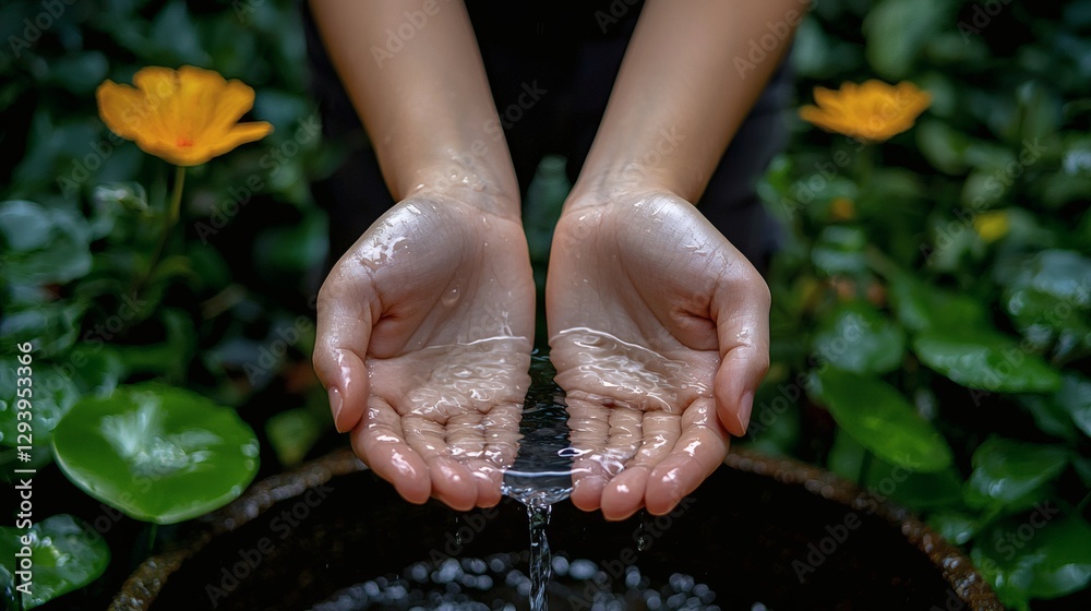 Poster small hands reaching out for water from a nearly empty well, symbolic and emotional, copy space on t