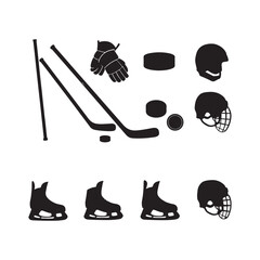 hockey sports gear equipment icons set black silhouette vector symbols design illustrations