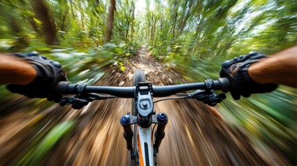 First-person view of fast mountain biking on a trail through lush forest.