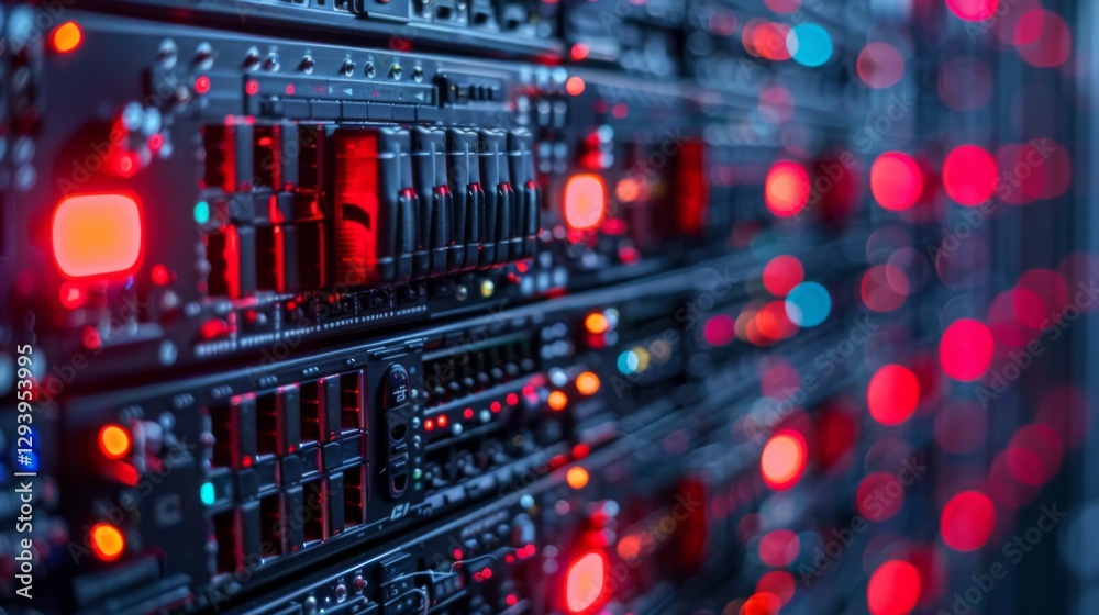 Poster High performance servers are lined up in a data center, illuminated by vibrant red lights, displaying the heartbeat of digital infrastructure during the night.