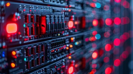 High performance servers are lined up in a data center, illuminated by vibrant red lights, displaying the heartbeat of digital infrastructure during the night.