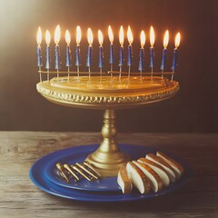Fototapeta premium Golden Menorah with Lit Candles and Challah Bread for Hanukkah