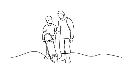Oneline Drawing Father and Son with Skateboard, Outdoor Fun