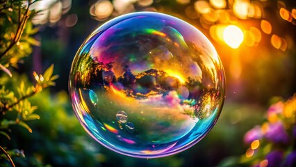 Giant Soap Bubble Floating Outdoors, Bokeh Background, Sunlight