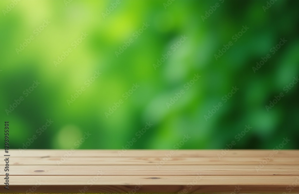 Aufkleber Simple Scene Featuring A Green Background With Blurred Bokeh And A Minimalist Setup Of An Empty Wooden Table.