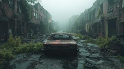 Rusted car sits alone on a fog-shrouded, overgrown street in an abandoned city.