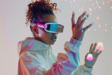 School student with VR headset using artificial intelligence technology & machine learning.Interactive studying in classroom. Smart tech innovation. AI hologram in education, side profile, black girl