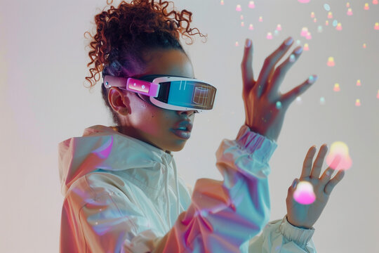 School student with VR headset using artificial intelligence technology & machine learning.Interactive studying in classroom. Smart tech innovation. AI hologram in education, side profile, black girl