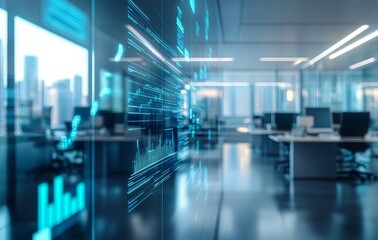 Modern Office with Futuristic Digital Data Interfaces and City View
