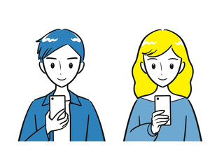 Fototapeta premium スマホの画面を見る若い男性と女性セット（シンプル）