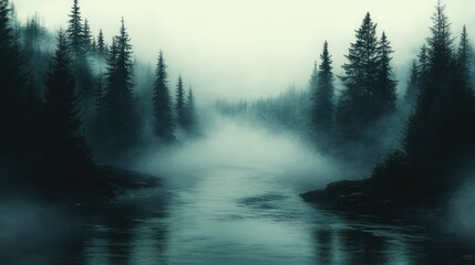 Fototapeta premium Misty river flowing through a dark, mysterious evergreen forest.