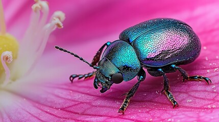 Fototapeta premium Vibrant iridescent beetle on pink flower petal