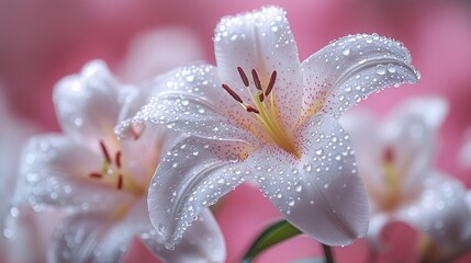 Fototapeta premium Close-up of two white lilies with water droplets on pink background.