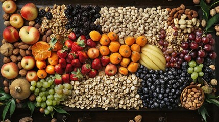 A Colorful and Nutritious Arrangement of Fruits, Nuts, and Grains