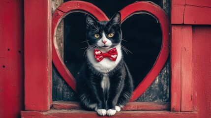 Tuxedo Cat Posing In A Red Heart Shaped Frame