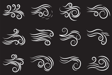Doodle wind line sketch set. Hand drawn doodle wind motion, air blow, swirl elements. Sketch drawn air blow motion, smoke flow art, abstract line. Isolated vector illustration.