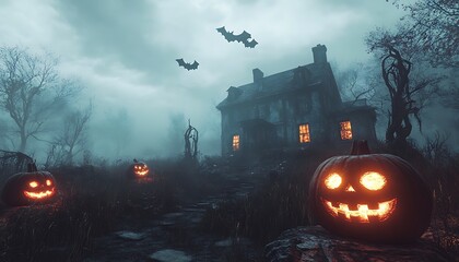 A Spooky Scene Depicts Halloween Night With Pumpkins and Bats