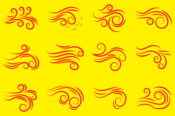 Doodle wind line sketch set. Hand drawn doodle wind motion, air blow, swirl elements. Sketch drawn air blow motion, smoke flow art, abstract line. Isolated vector illustration.