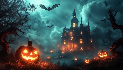 Haunted House With Bats Pumpkins And Spooky Atmosphere