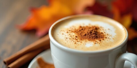 Obraz premium Aromatic autumn beverage in a white cup, sprinkled with cinnamon, sits on a saucer near blurred fall leaves and cinnamon sticks.