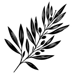 Elegant Floral Branch Illustration. Olive illustration, laurel wreath vector, black olives on a branch. 
Olive branch with leaves and berries. Black and white vector illustration. 