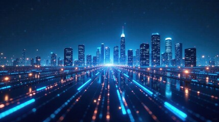 Fototapeta premium Futuristic Cityscape at Night Illuminated Skyline with Glowing Digital Highway Leading to Towers