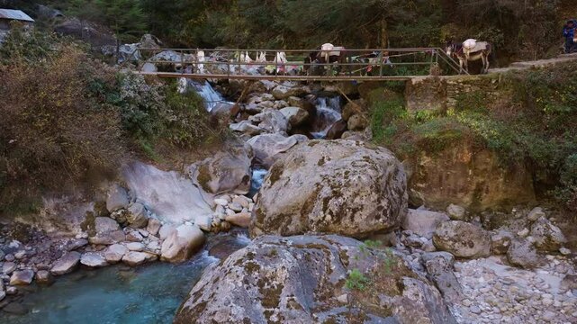 Pack mules cross narrow suspension bridge spanning rocky stream in Everest Region valley in Monjo, highlighting traditional mountain transportation