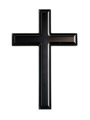 Black cross with beveled edge and smooth, reflective surface, isolated on transparent background