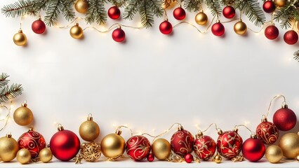 Christmas decorations with baubles and fir branches on a white background, Generative Ai