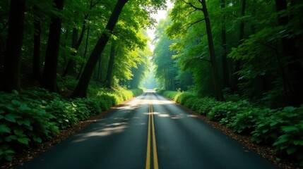 Obraz premium A sunlit road through a verdant forest canopy, flanked by lush green foliage, offering a tranquil and scenic pathway into the heart of nature.