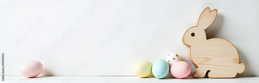 Aufkleber Rustic Wood Bunny Sign Sits Alongside Pastel Easter Eggs On A White Background With Plenty Of Copy Space Left Over Nearby.