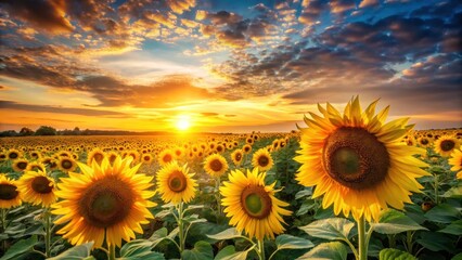Obraz premium Golden sunflower field at sunset , peaceful scene, landscape, peaceful scene, landscape