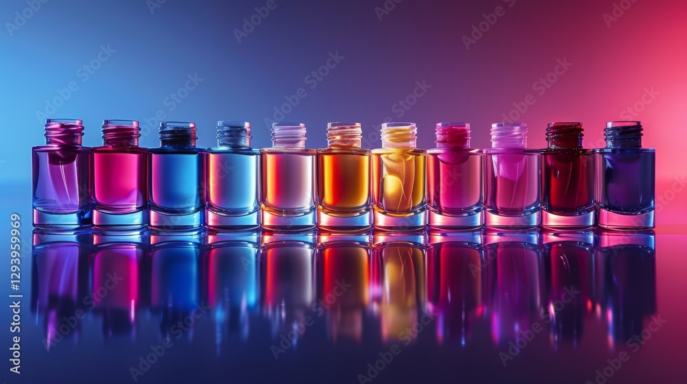 Poster a series of nail polish bottles in varying colors are displayed in a line, reflecting vibrant hues f