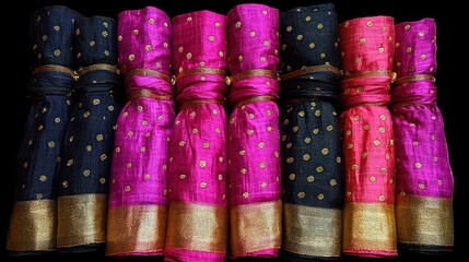 Rolled magenta and black silk fabric with gold polka dots and border.