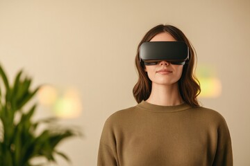 Immersive technology experience with sleek headset, modern indoo