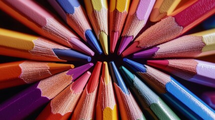 Naklejka premium Colorful Symmetrical Arrangement of Colored Pencils in Radiating Pattern