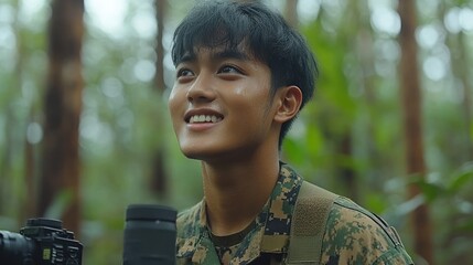 Happy young man in camouflage uniform smiles, holding camera in forest.